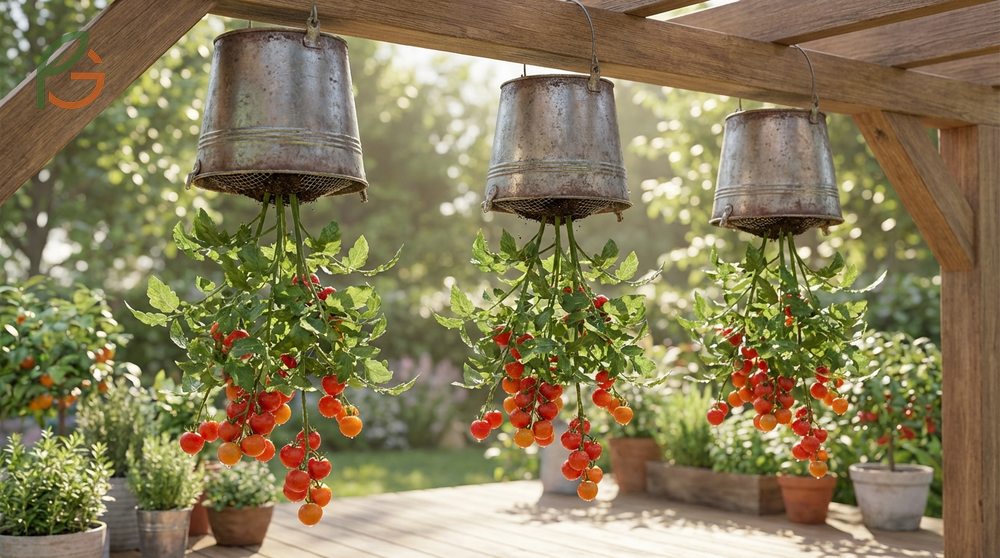 Upside down tomatoes planting method allows gravity to direct vines downward reducing the need for staking.