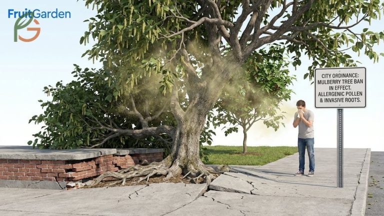 Mulberry trees are banned in cities like Tucson and Las Vegas to prevent severe pollen allergies and infrastructure damage.