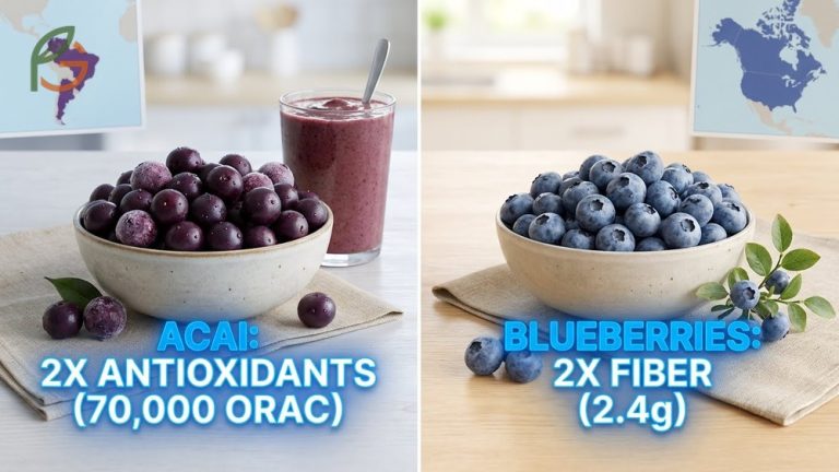 Acai berry vs blueberry comparison showing 70000 ORAC units for acai and 2.4g fiber for blueberries.