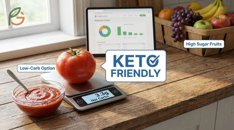 Fresh red tomatoes displayed with nutritional data showing low net carb content suitable for ketogenic diets.