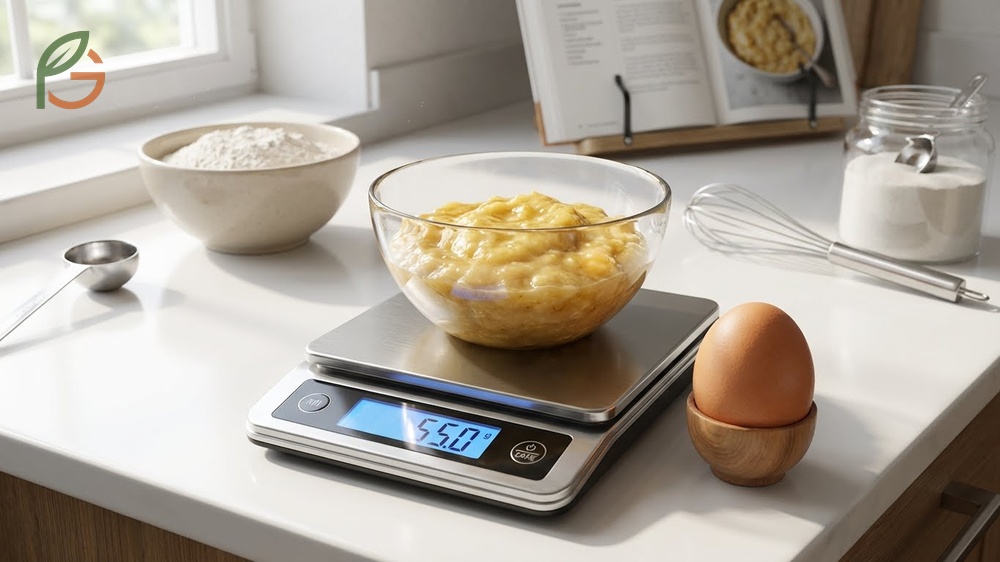 Banana egg replacement works best with 50 to 60 grams of puree and a reduction in granulated sugar.