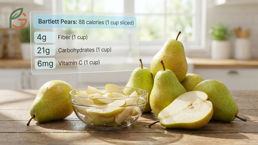 Bartlett pear nutrition facts showing 88 calories per cup sliced and high vitamin C content.