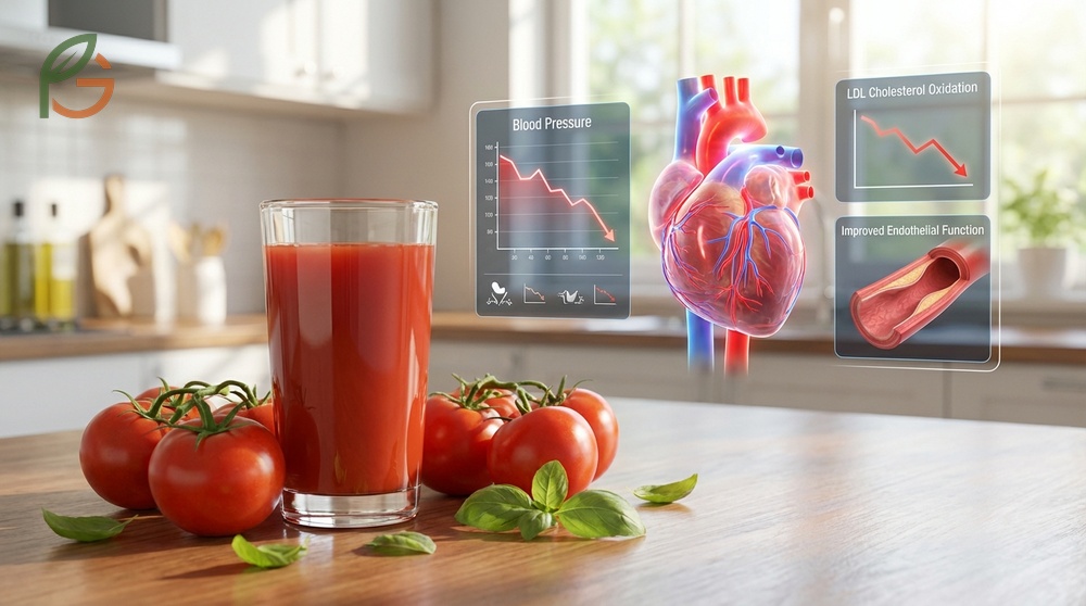 Benefits of drinking tomato juice include reducing systolic blood pressure by 3-5 mmHg and providing 189 percent of daily vitamin C requirements.