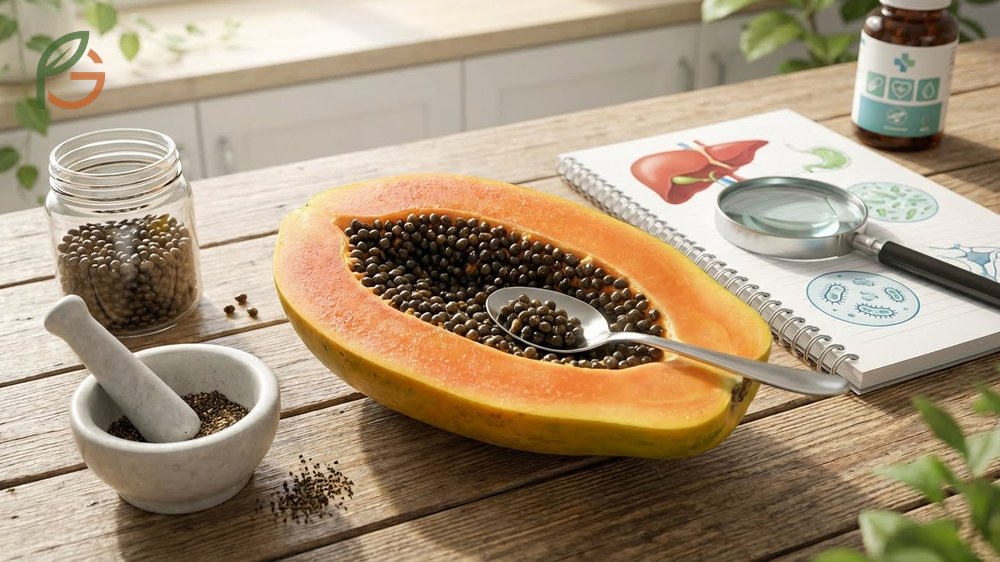 Benefits of papaya seeds include fighting parasites and protecting the liver with bioactive compounds like benzyl isothiocyanate.