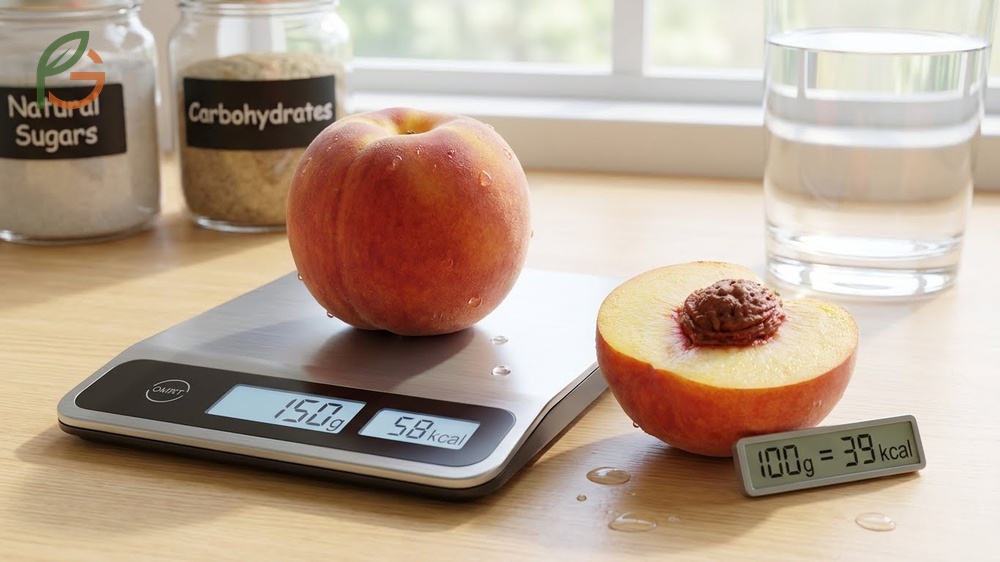 How many calories in a peach breakdown showing 58 calories per 150g fruit and 39 calories per 100g of flesh.