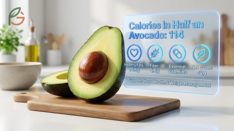 Calories in half an avocado guide detailing 114 calories and nutritional profile for heart health.
