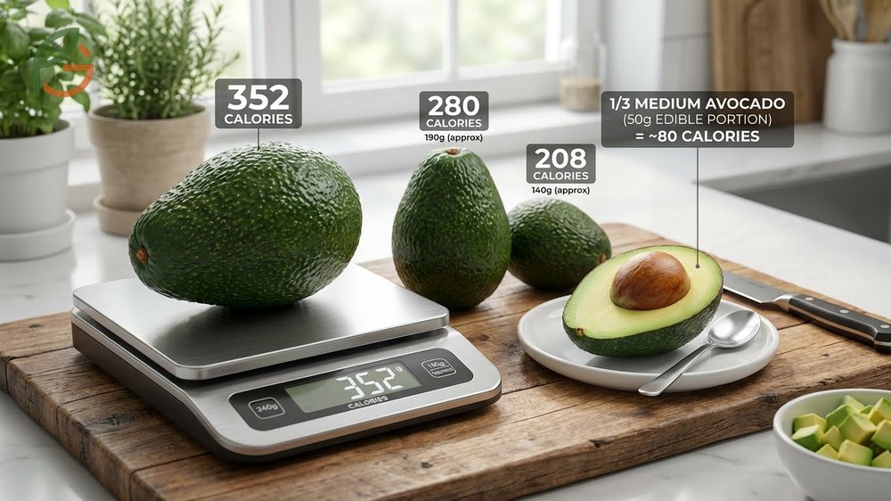 Calories in a Hass avocado vary from 208 for small fruits to over 350 for large specimens.