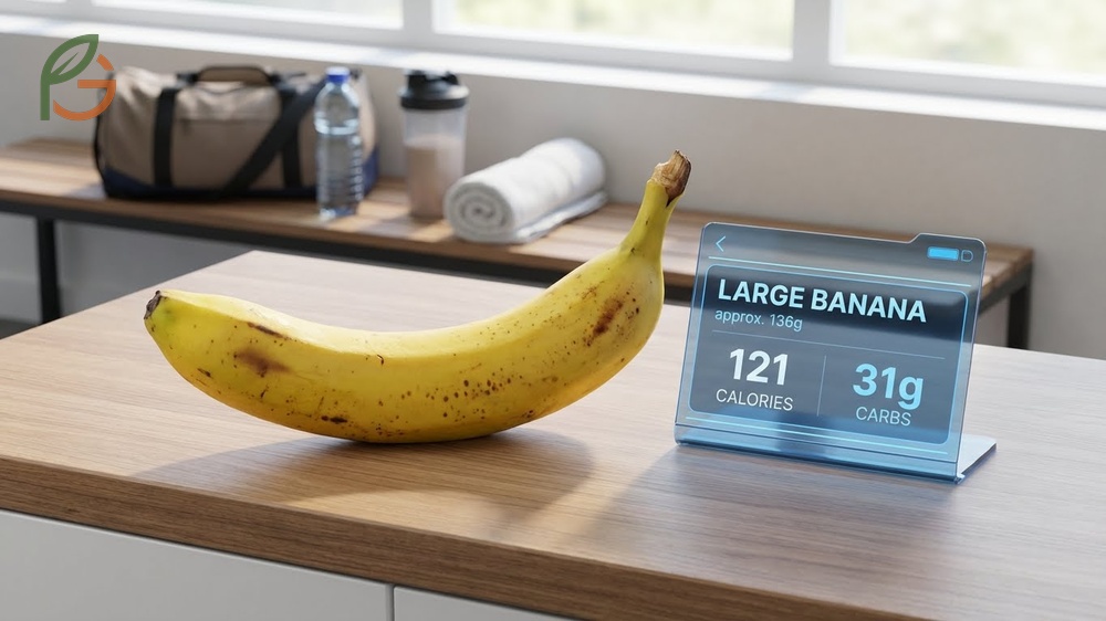 Calories in large banana deliver 121 calories to help athletes replenish energy stores after workouts.