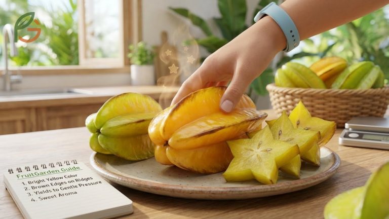 How to tell if starfruit is ripe by checking for bright yellow color and brown edges on the five ridges.