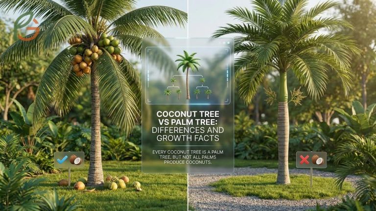 Coconut tree vs palm tree comparison showing 2600 palm species versus the single coconut bearing species Cocos nucifera.