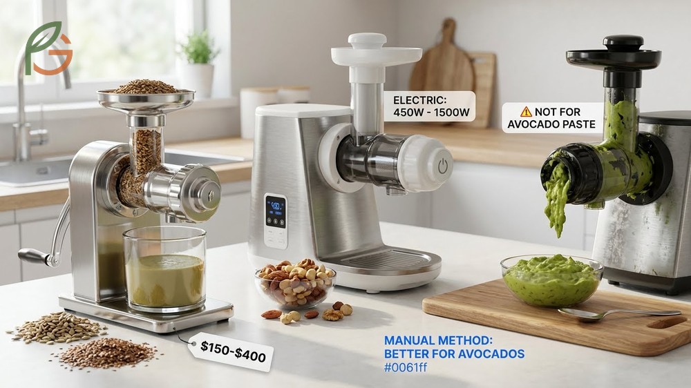 Review of manual and electric cold press machines suitable for home avocado oil extraction.