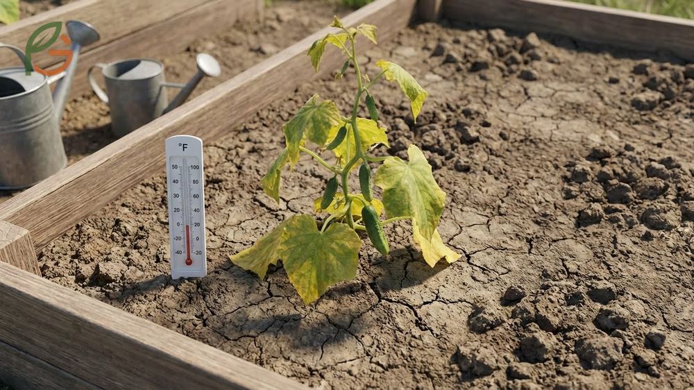 Cucumber plant not growing solutions addressing soil temperature requirements, poor pollination, and excessive nitrogen levels.