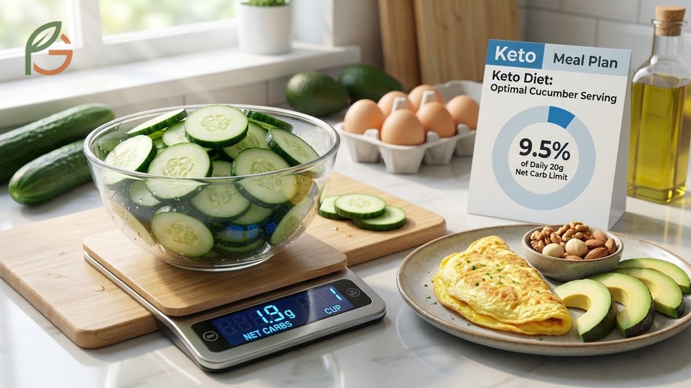 Cucumber serving keto guidelines suggest one cup slices containing 1.9g net carbs as a perfect side dish.