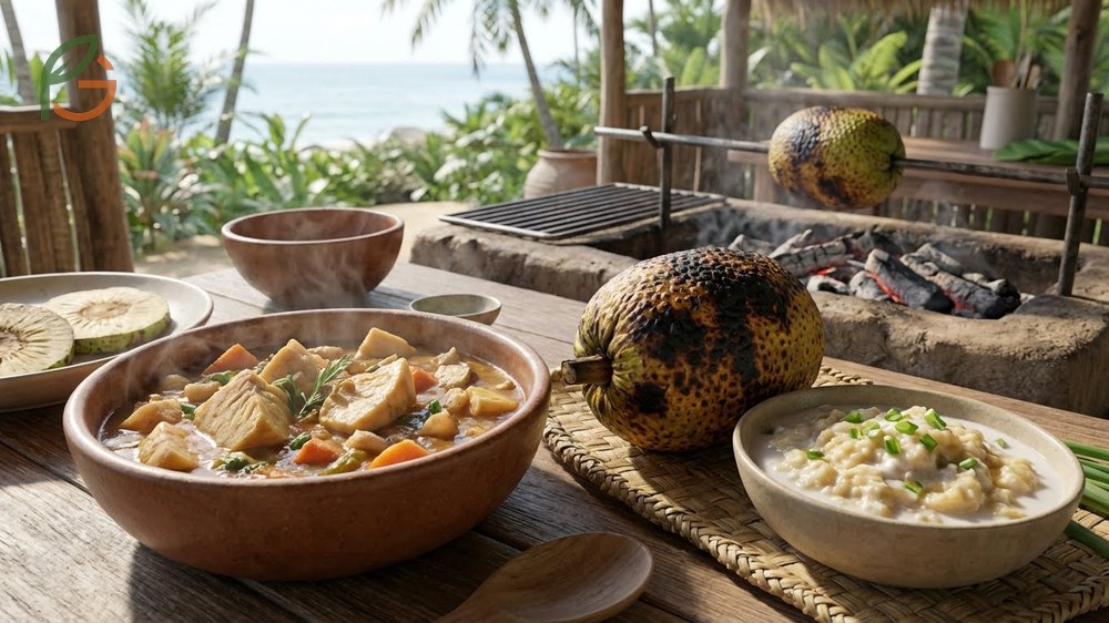 Culinary uses differences illustrating breadfruit as a staple and jackfruit as a meat alternative.