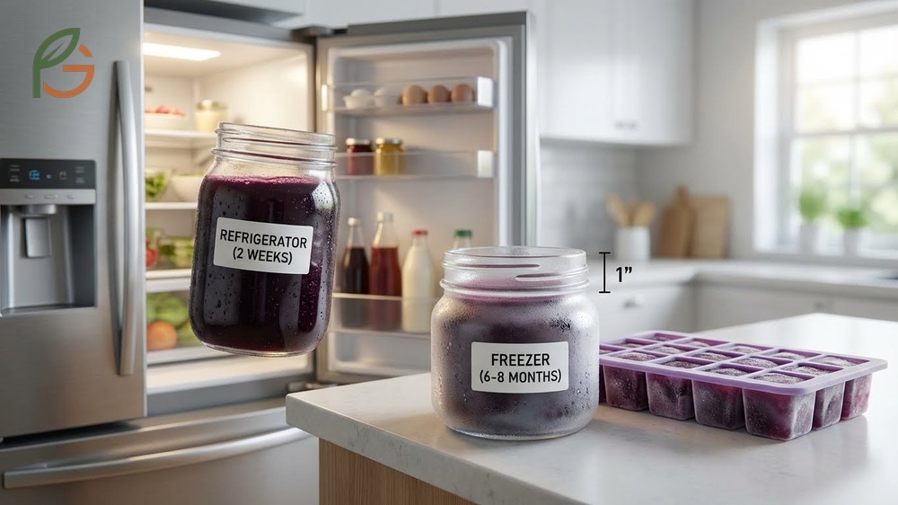 Elderberry syrup shelf life demonstrated by storing the liquid in sterilized glass jars in the refrigerator for two weeks.
