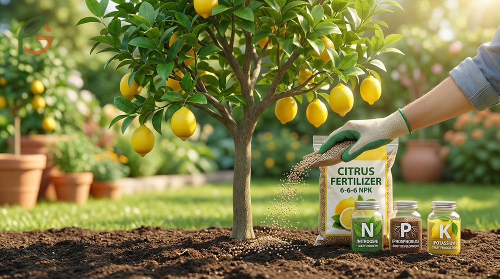 Fertilize a lemon tree using nitrogen for leafy growth and phosphorus for root development during the growing season.
