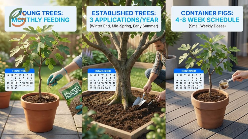 Fertilizing schedule for figs showing three applications per year for established trees.