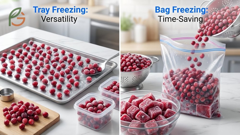 Freezing cranberries method comparison between tray freezing for 3 hours and direct bag freezing for bulk storage.