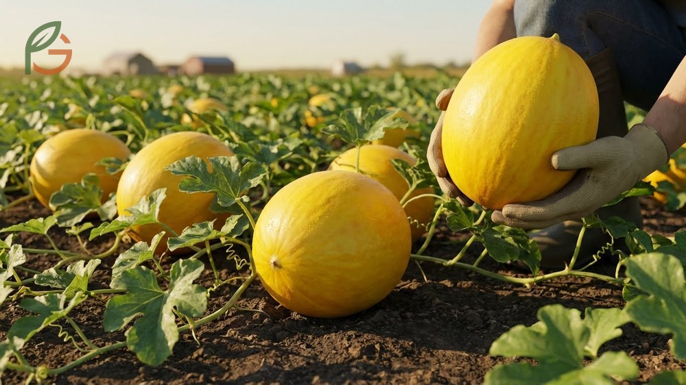 Golden honeydew melon growing on vines features a smooth yellow rind that is distinct from standard green varieties.