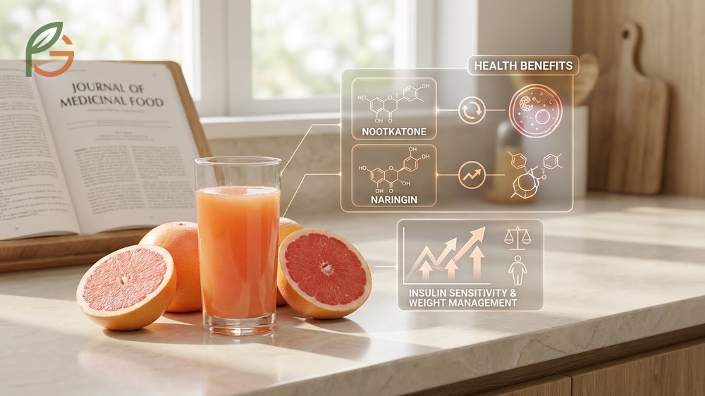 Grapefruit juice benefits involve bioactive compounds like nootkatone that improve insulin sensitivity and metabolism.