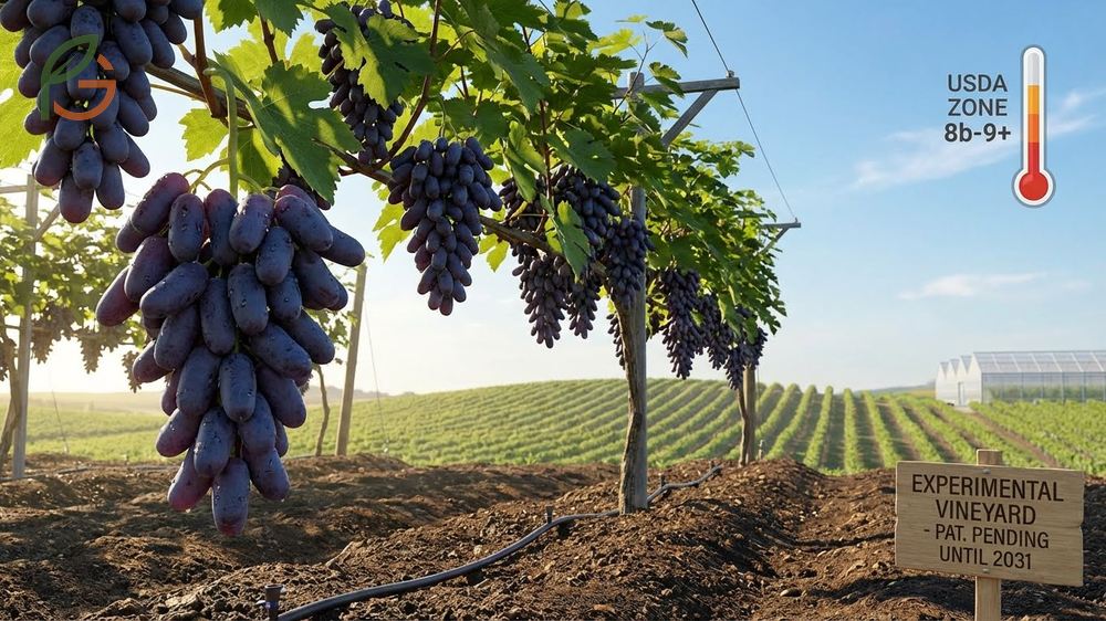 Growing conditions and requirements for Moon Drop grapes illustrated by vines on trellises under bright sun.