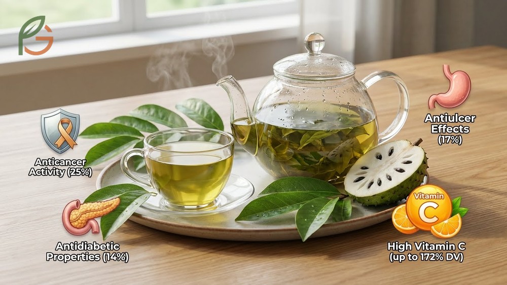Health benefits of soursop tea include providing 172 percent of daily vitamin C and reducing inflammation markers.