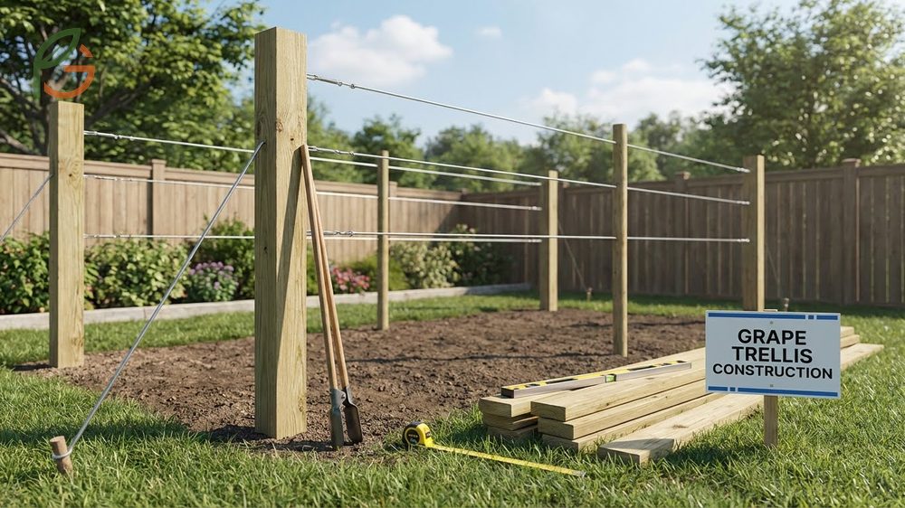 How to build a grape trellis using 4x4 posts and 10 gauge galvanized wire for a durable backyard vineyard.