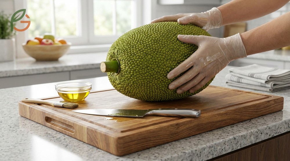 How to cut jackfruit efficiently requires oiling your knife to slice through the sticky core and extract edible yellow pods.
