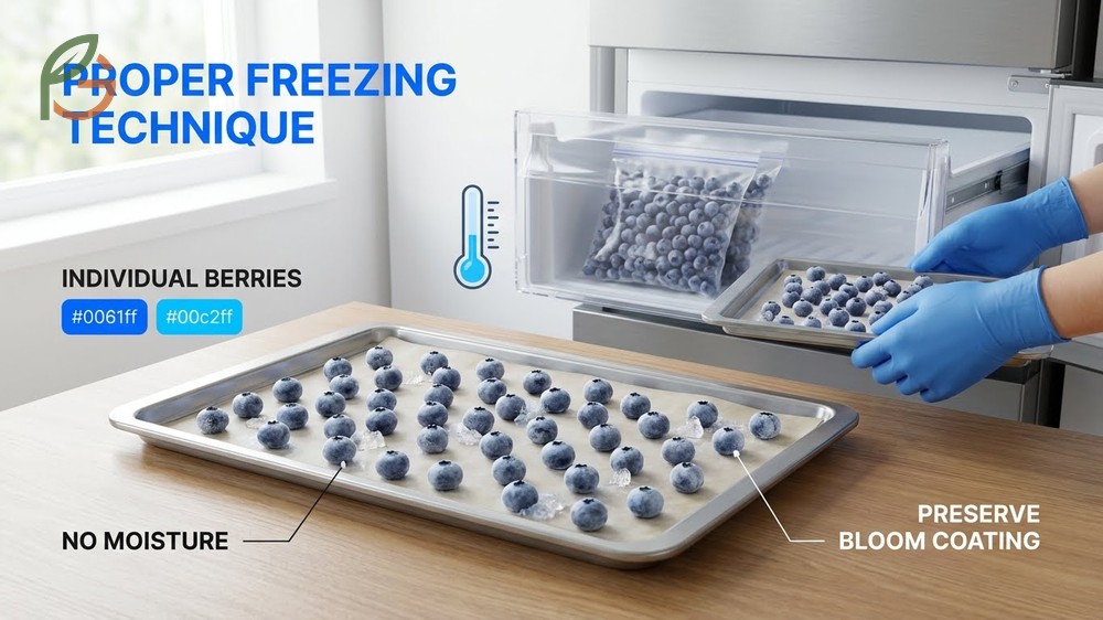 How to freeze blueberries using the flash freezing technique on a parchment lined baking sheet for 4 to 5 hours to prevent sticking.