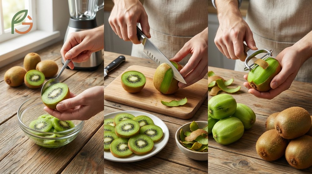 How to peel a kiwi using the spoon method takes just 30 seconds and minimizes waste compared to using a vegetable peeler.