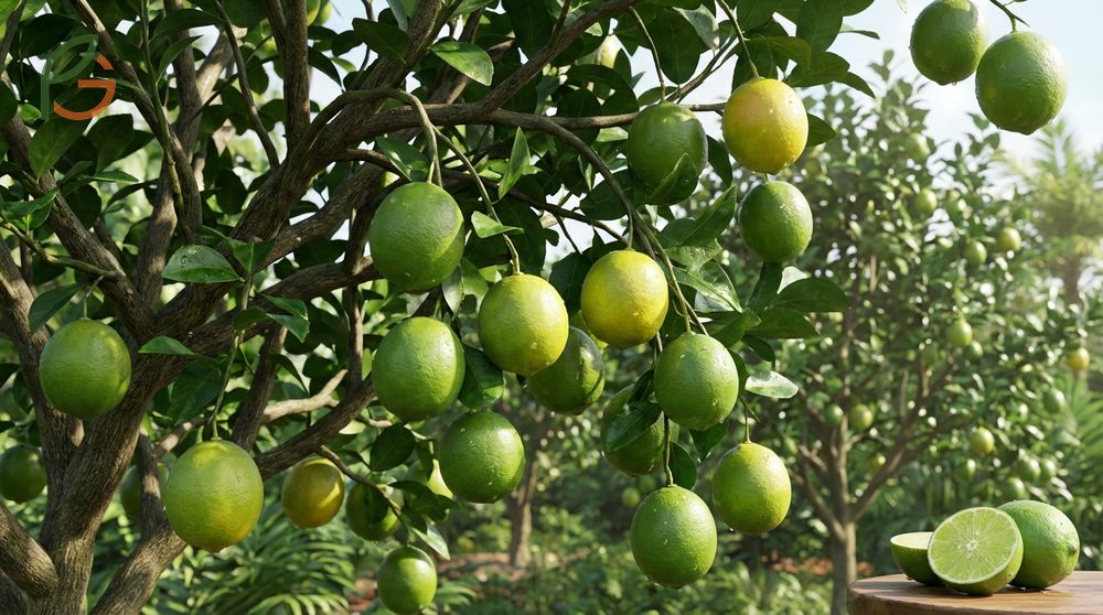 Fresh green lime fruit hanging on an evergreen tree to illustrate its botanical growth pattern.