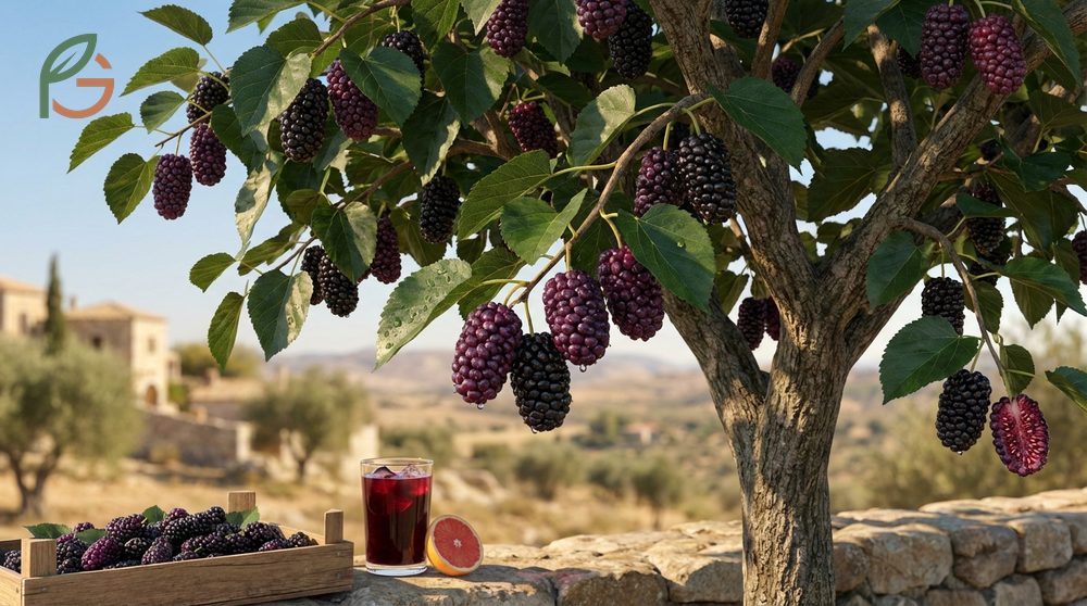 Morus nigra black mulberry tree producing large sweet tart fruits 1 inch in diameter in warm climates.