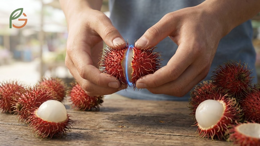 Open rambutan easily by squeezing room temperature fruit at the widest circumference to split the skin.