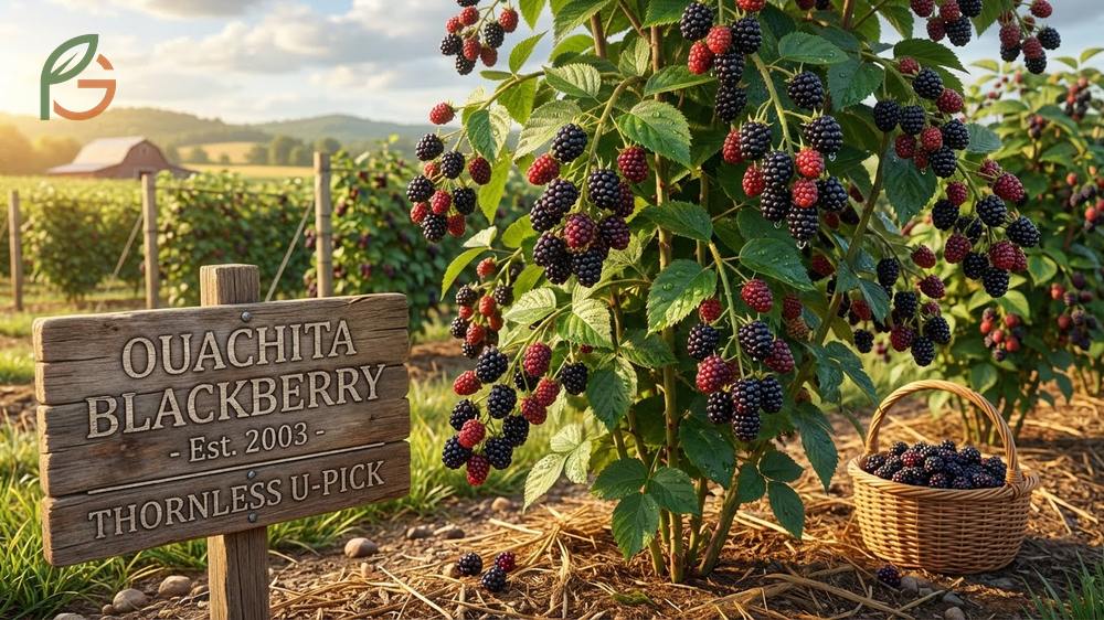 Ouachita blackberry cultivar features erect canes that require minimal trellising and resist fungal diseases.