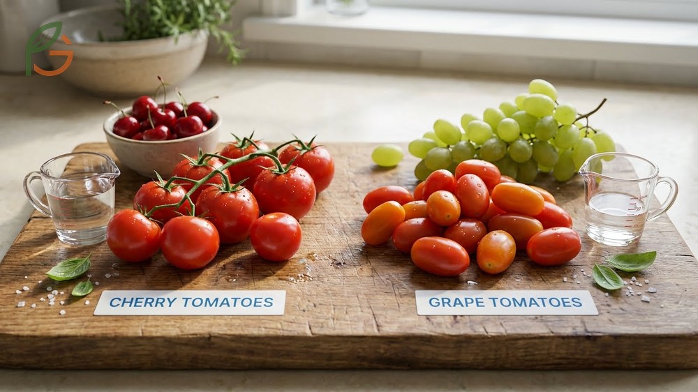 Cherry vs grape tomatoes distinction lies in the spherical shape of cherries versus the oblong oval form of grape varieties.