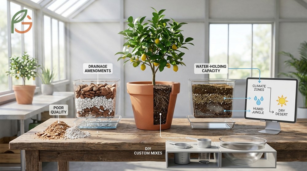 Potting soil lemon trees components listing pine bark perlite and organic matter for optimal root growth.
