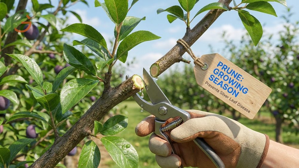 Pruning plum trees during the growing season allows wounds to heal quickly and reduces fungal infection risks.