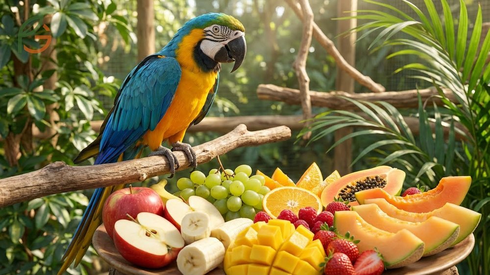 Safe fruits for parrots including berries and melons while avoiding toxic seeds and pits.