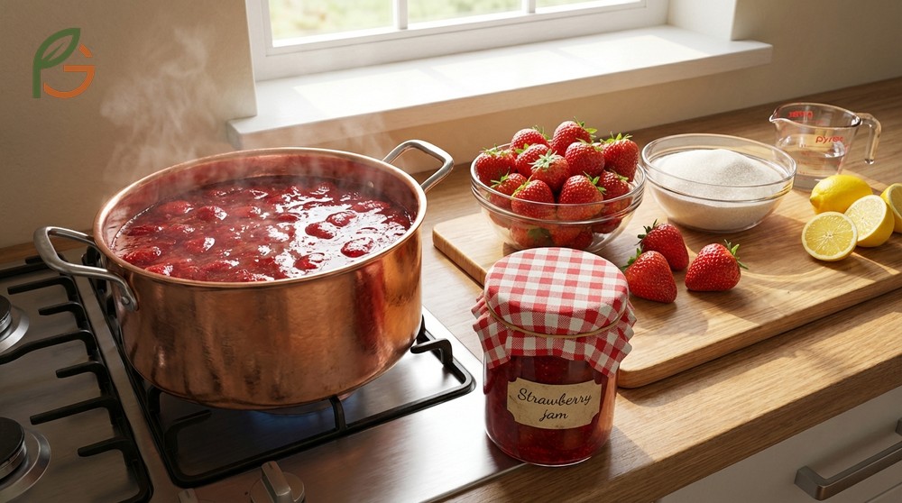 Essential ingredients and equipment including fresh strawberries and a candy thermometer for making homemade jam.