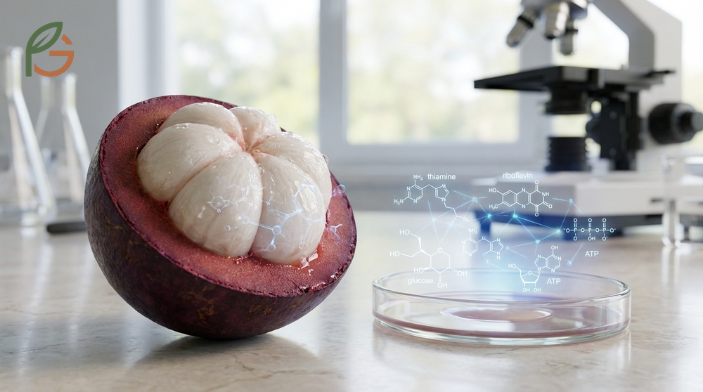 Vitamin content in mangosteen including 2.9mg vitamin C aids antioxidant protection and collagen synthesis.