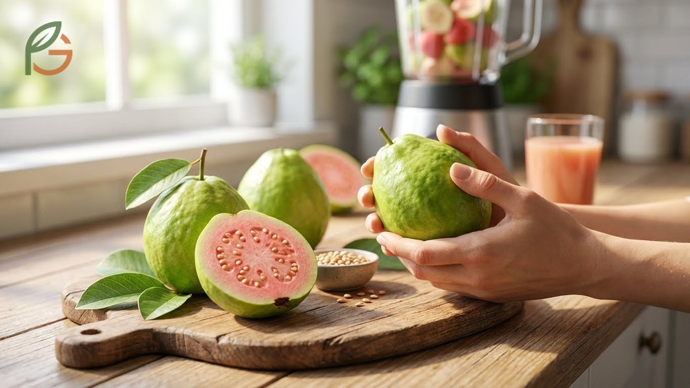 Whole guava consumption with seeds provides complete nutrition and lowers glycemic response compared to juice.