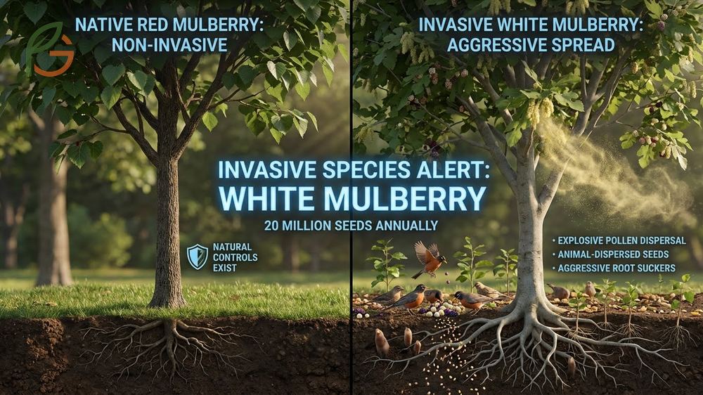 White mulberry trees are classified as invasive due to aggressive root suckers and producing 20 million seeds annually.
