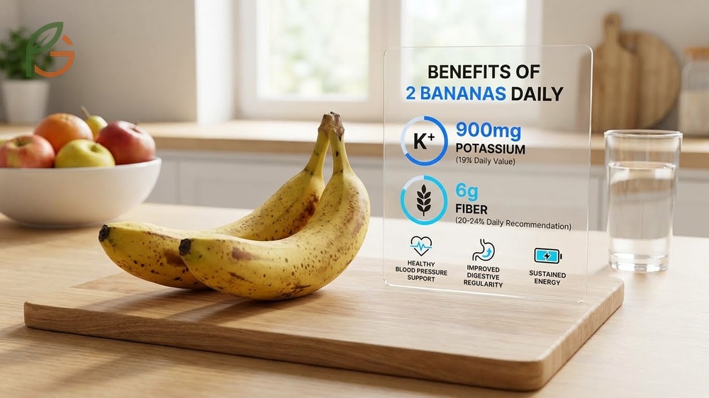 Benefits of eating 2 bananas a day include receiving 900 mg of potassium to support healthy blood pressure levels.