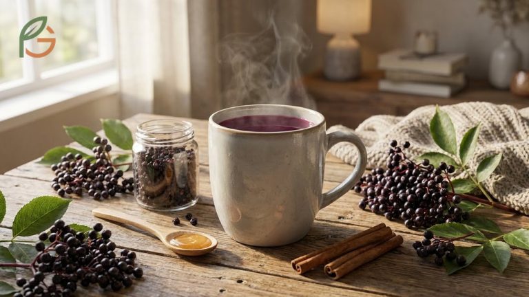 Benefits of elderberry tea presented in a warm ceramic cup highlighting its ability to support wellness during flu season.