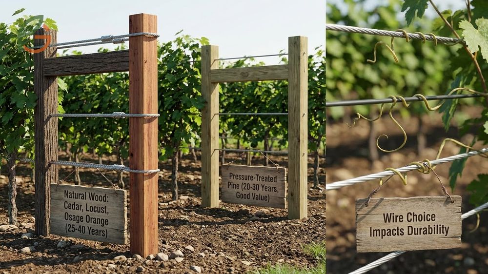 Best grape trellis materials comparing pressure treated wood and galvanized steel wire for 20 year durability.