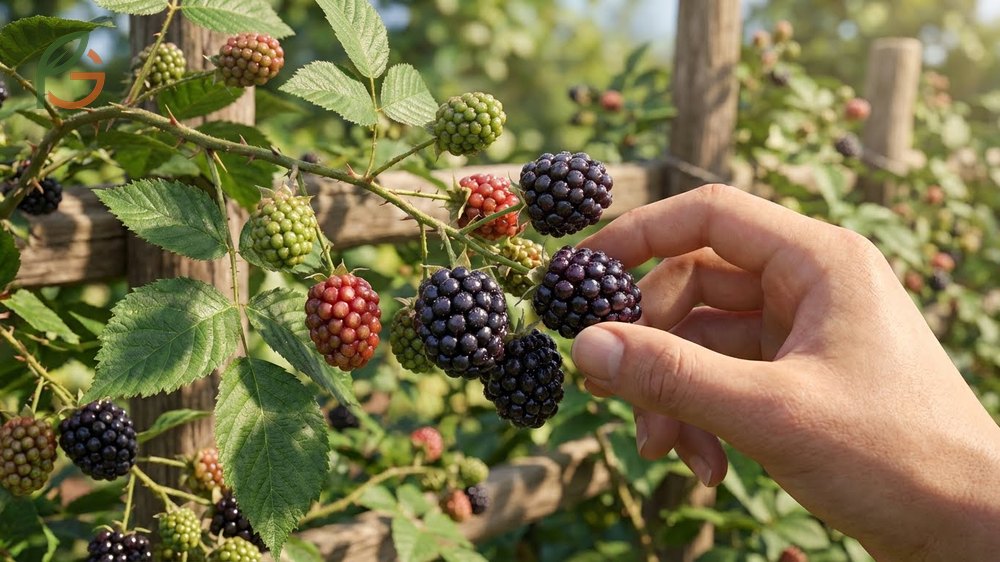 Blackberries in various stages of ripeness from green to red to the deep glossy black indicating peak sweetness.