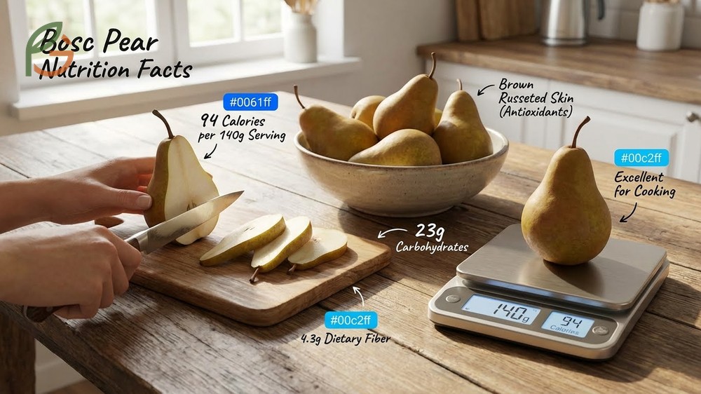 Bosc pear nutrition facts listing 94 calories per serving for baking and cooking.