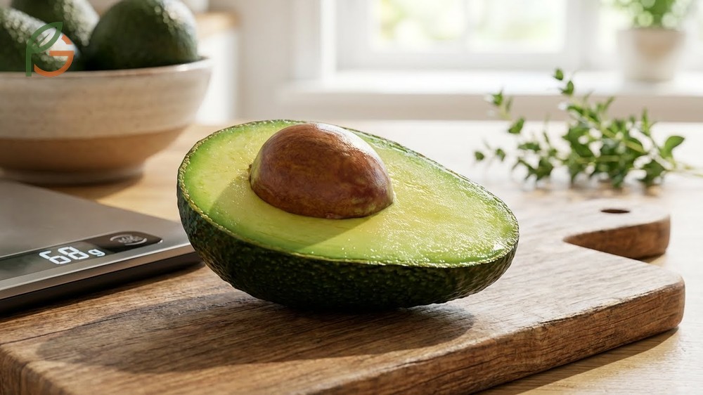 Calories in half an avocado breakdown showing 114 calories per 68g edible portion.