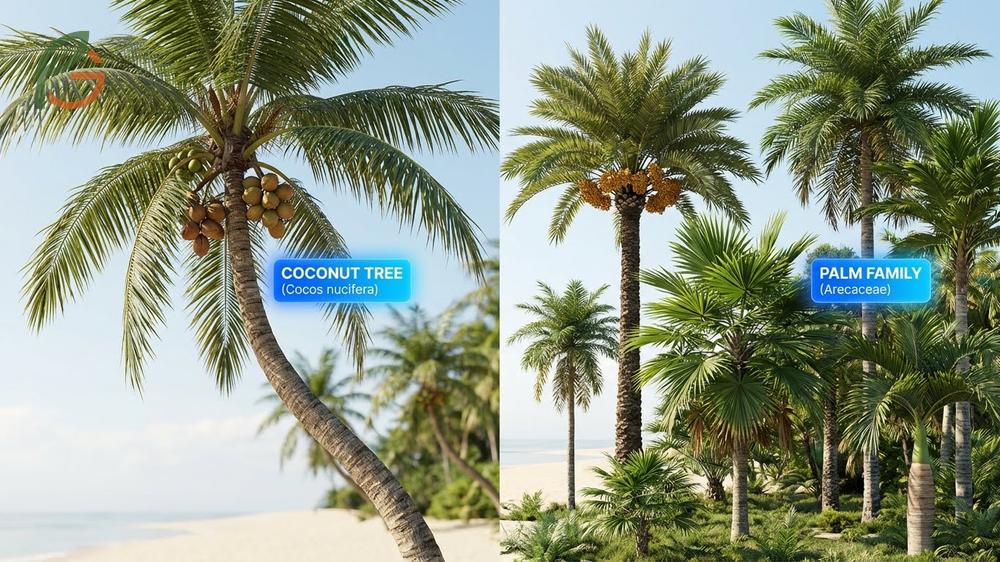 Coconut tree vs palm tree distinction illustrating that all coconuts are palms but not all palms bear coconuts.
