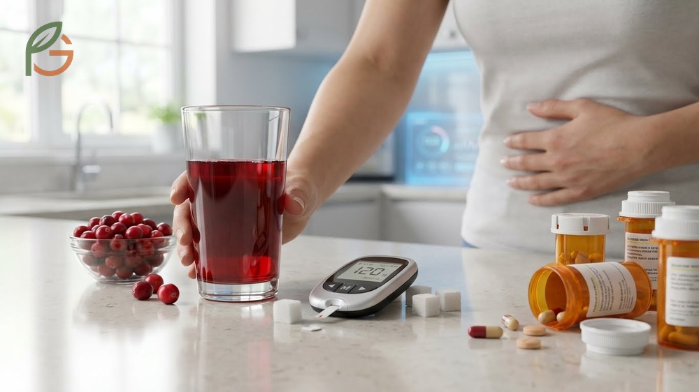 Common cranberry juice side effects include stomach cramps and blood sugar spikes from excessive consumption.